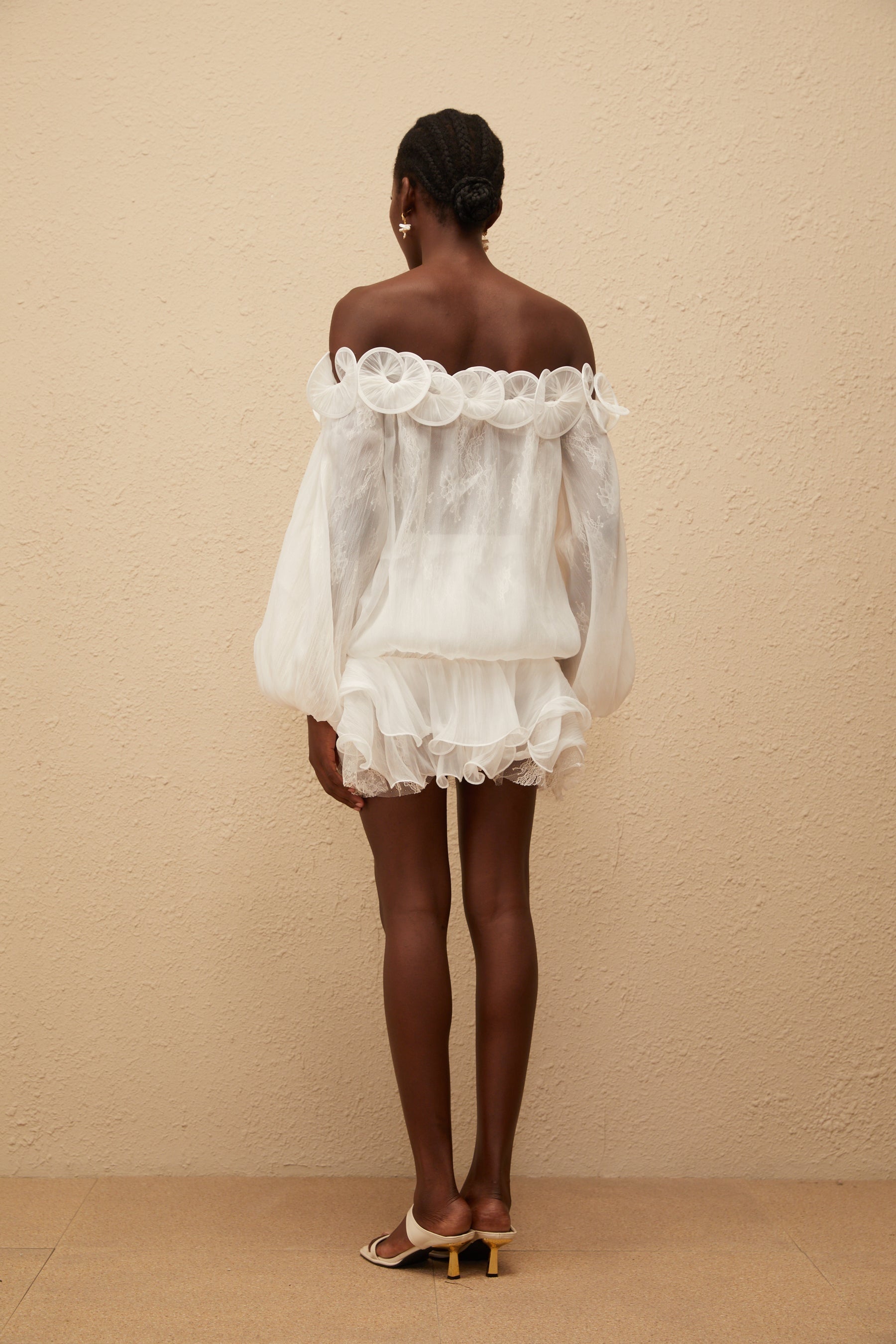 Elise White Crinkled Floral Appliqué Blouse  Skirt Set