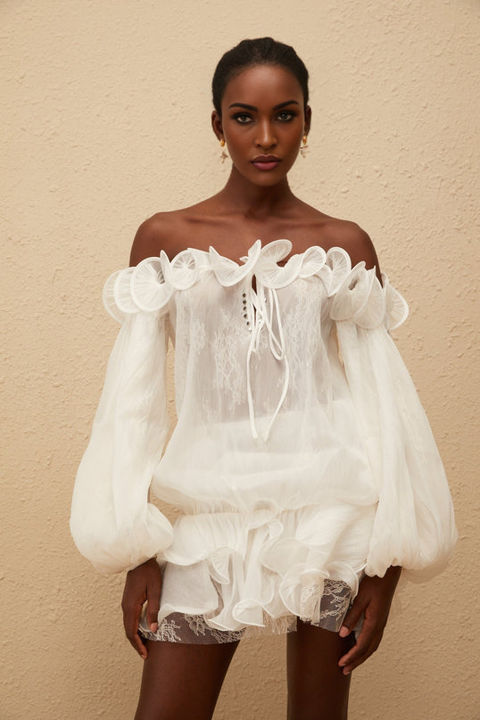 Elise White Crinkled Floral Appliqué Blouse  Skirt Set