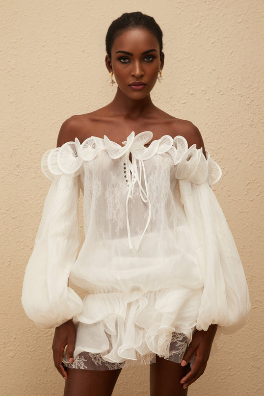 Elise White Crinkled Floral Appliqué Blouse  Skirt Set