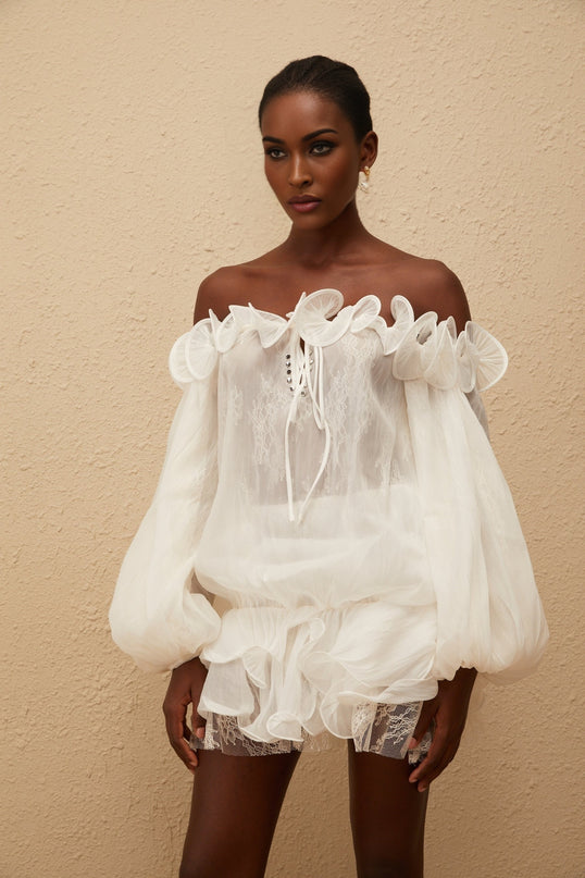 Elise White Crinkled Floral Appliqué Blouse  Skirt Set