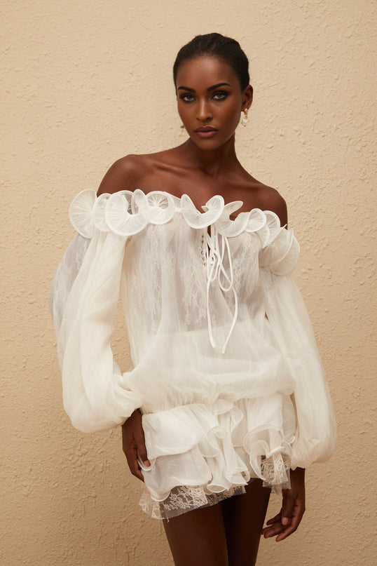 Elise White Crinkled Floral Appliqué Blouse  Skirt Set