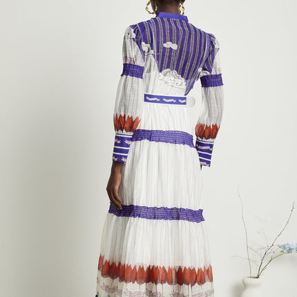 Eliza White and Purple Color Block Midi Dress with Pleated Detailing