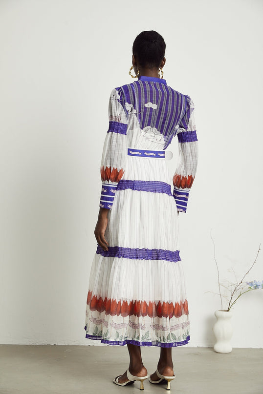 Eliza White and Purple Color Block Midi Dress with Pleated Detailing