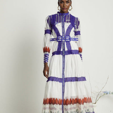 Eliza White and Purple Color Blocked Midi Dress with Pleated Detailing