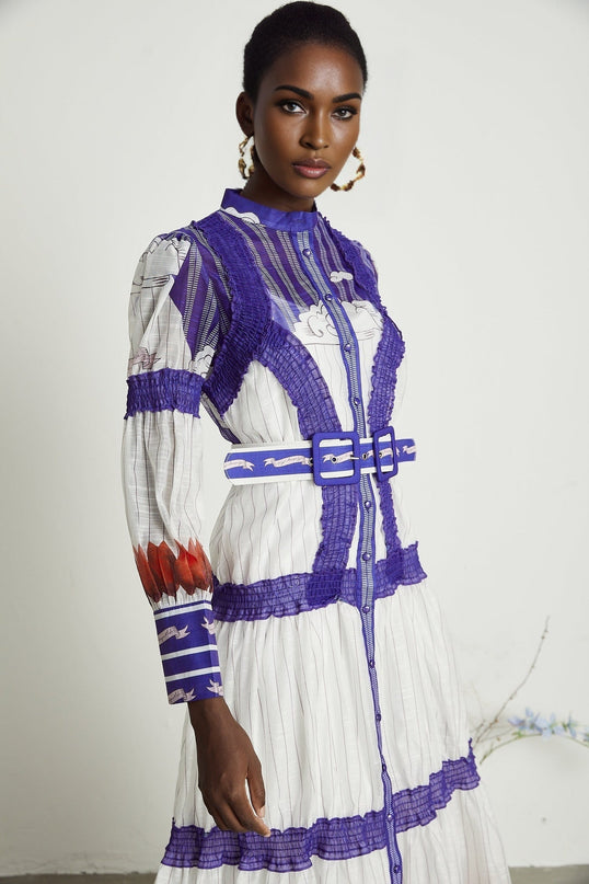 Eliza White and Purple Color Blocked Midi Dress with Pleated Detailing