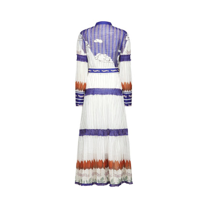 Eliza White and Purple Color Blocked Midi Dress with Pleated Detailing and Belted Waist