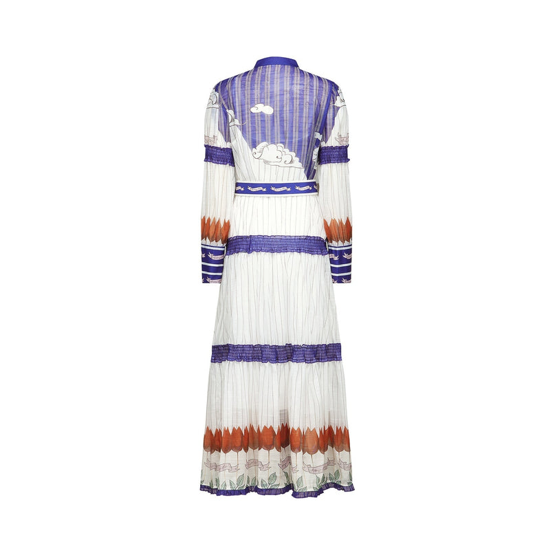Eliza White and Purple Color Blocked Midi Dress with Pleated Detailing and Belted Waist