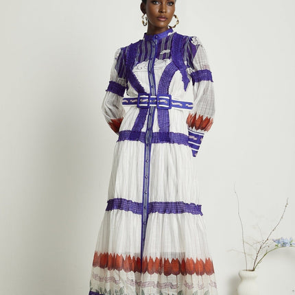 Eliza White and Purple Color Blocked Midi Dress with Pleated Detailing and Belted Waist