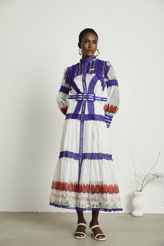Eliza White and Purple Color Blocked Midi Dress with Pleated Detailing and Belted Waist