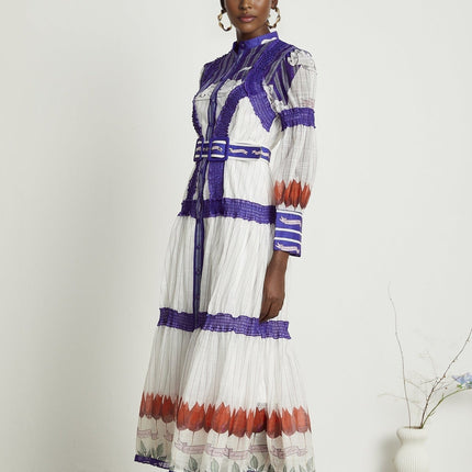 Eliza White and Purple Color-Blocked Midi Dress with Pleated Detailing and Belted Waist