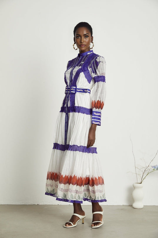 Eliza White and Purple Color-Blocked Midi Dress with Pleated Detailing and Belted Waist