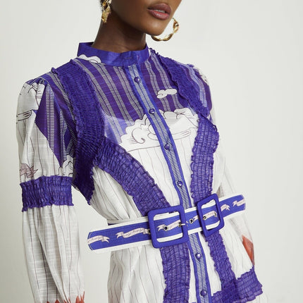 Eliza White and Purple Color-Blocked Midi Dress with Pleated Detailing and Belted Waist