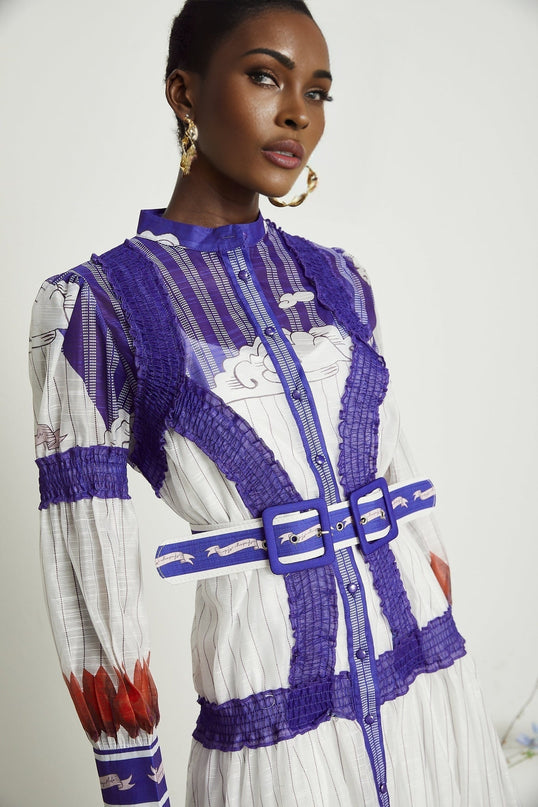 Eliza White and Purple Color-Blocked Midi Dress with Pleated Detailing and Belted Waist