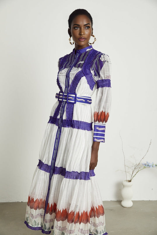 Eliza White and Purple Color-Blocked Midi Dress with Pleated Detailing and Belted Waist