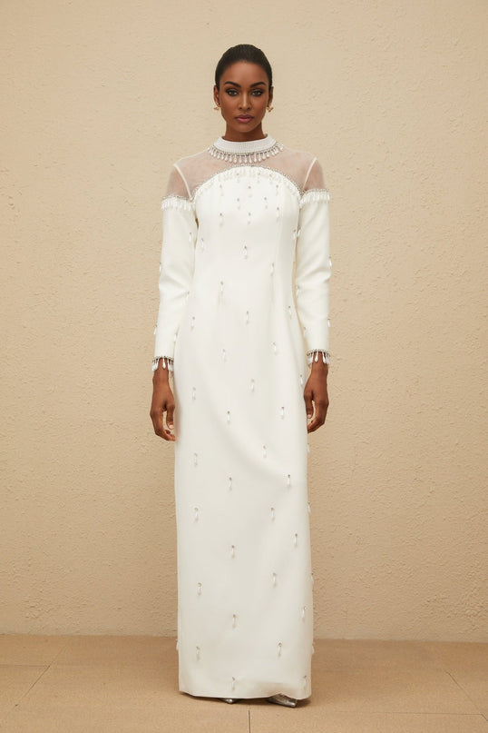Eliza White Faux Pearl Rhinestone Maxi Dress Gown