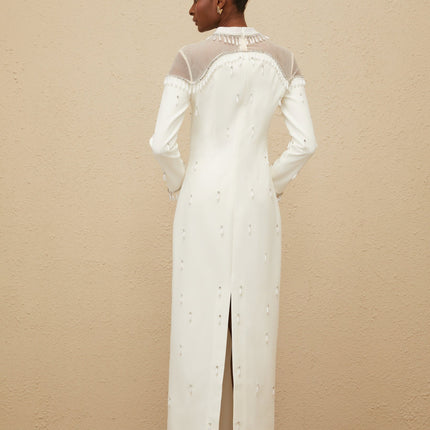 Eliza White Maxi Dress Faux-Pearls Rhinestones Tulle Paneling Long Sleeves Cinched Waist Rear Slit Straight Hem