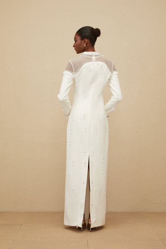 Eliza White Maxi Dress Faux-Pearls Rhinestones Tulle Paneling Long Sleeves Cinched Waist Rear Slit Straight Hem