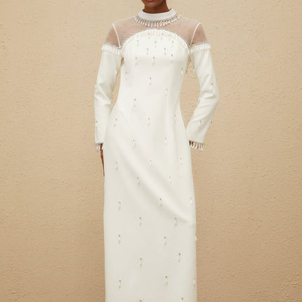Eliza White Faux Pearl and Rhinestone Embellished Maxi Dress with Tulle Panels and Long Sleeves