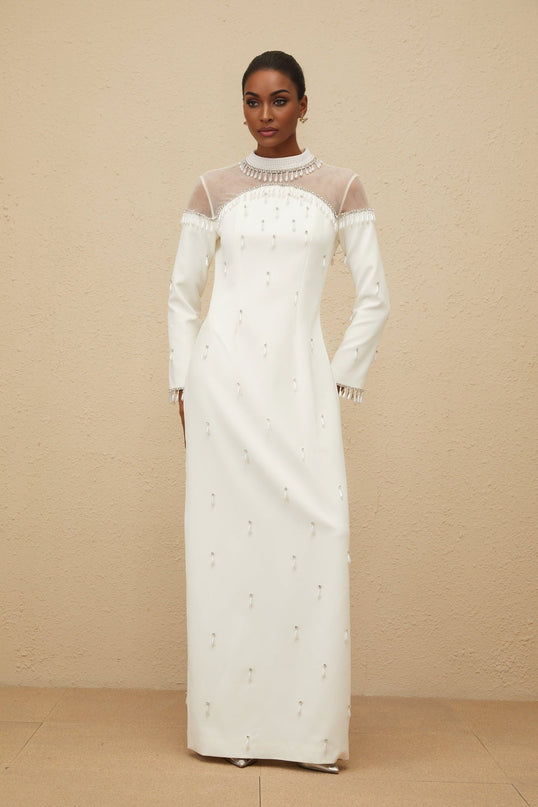 Eliza White Faux Pearl and Rhinestone Embellished Maxi Dress with Tulle Panels and Long Sleeves