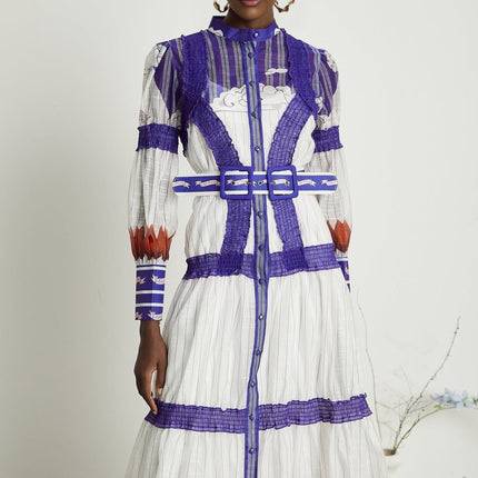 Eliza White and Purple Color-Blocked Midi Dress with Pleated Detailing