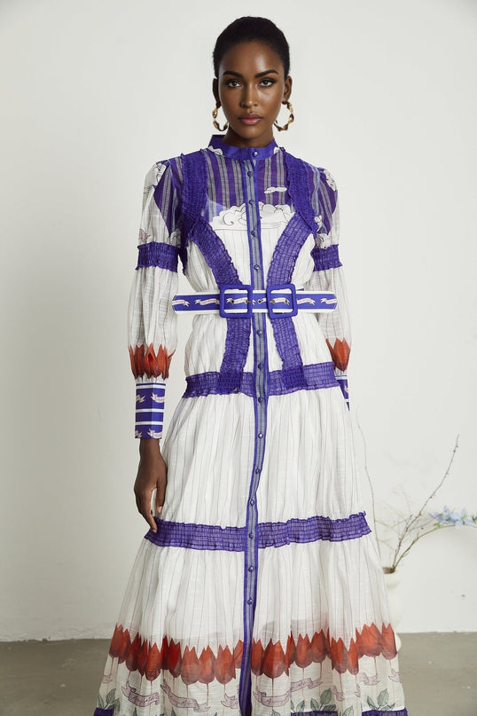 Eliza White and Purple Color-Blocked Midi Dress with Pleated Detailing