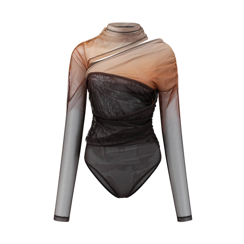 Elizabeth Bodysuit in Brown and Black gradient effect long sleeve high neck pleated cut-out design semi-sheer stretch-jersey comfort