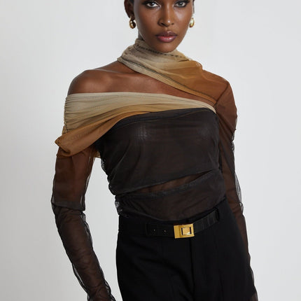 Elizabeth Bodysuit in Brown and Black gradient effect sheer mesh long sleeve high neck pleated cut-out design stretch-jersey comfort