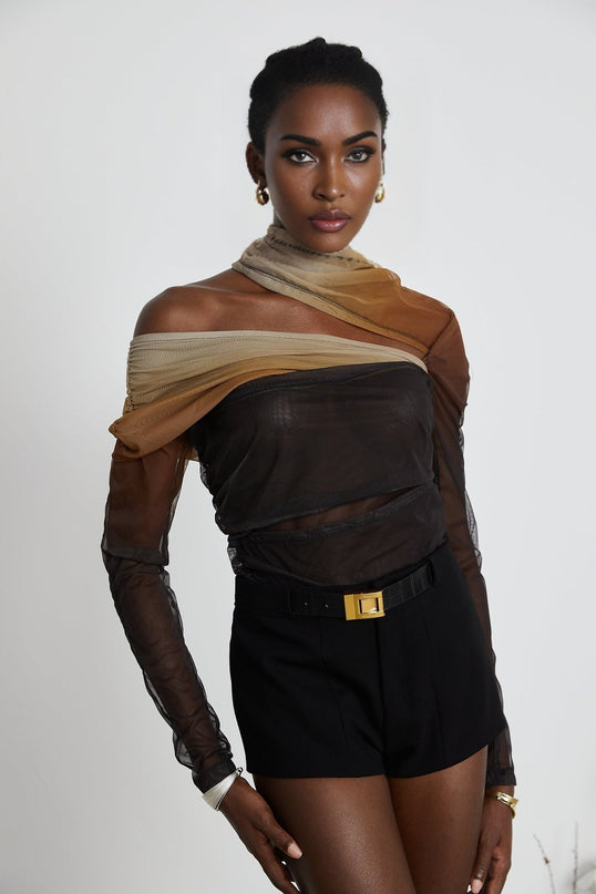 Elizabeth Bodysuit in Brown and Black gradient effect sheer mesh long sleeve high neck pleated cut-out design stretch-jersey comfort