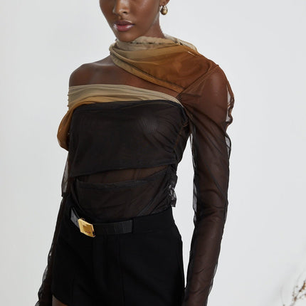 Elizabeth Bodysuit in Brown and Black gradient effect long sleeve high neck pleated cut-out design semi-sheer stretch-jersey comfort