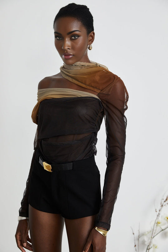 Elizabeth Bodysuit in Brown and Black gradient effect long sleeve high neck pleated cut-out design semi-sheer stretch-jersey comfort