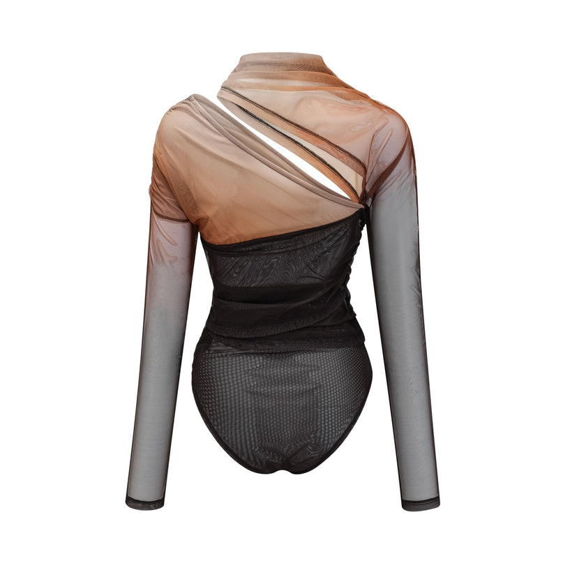 Elizabeth Brown and Black Bodysuit in Gradient Mesh with Pleated and Cut-Out Design