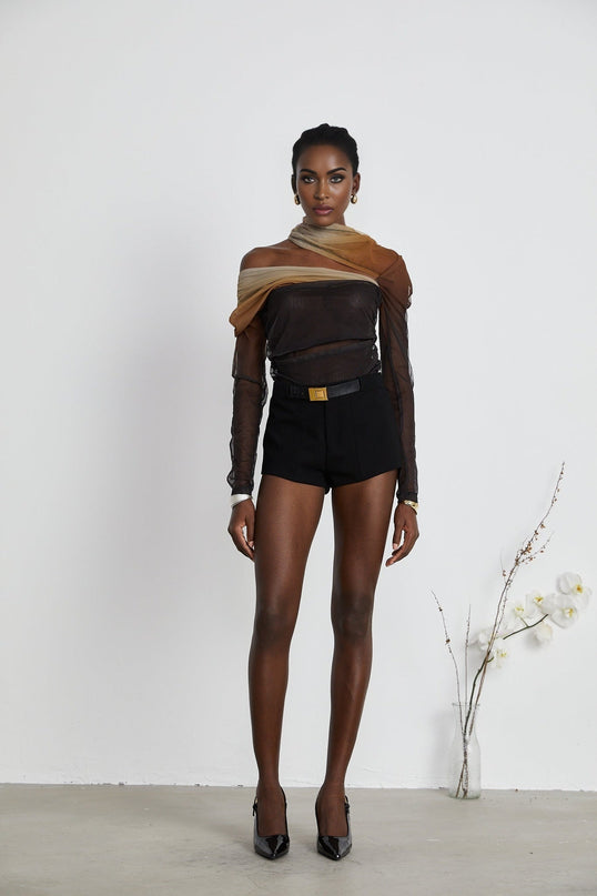 Elizabeth Brown and Black Gradient Mesh Bodysuit