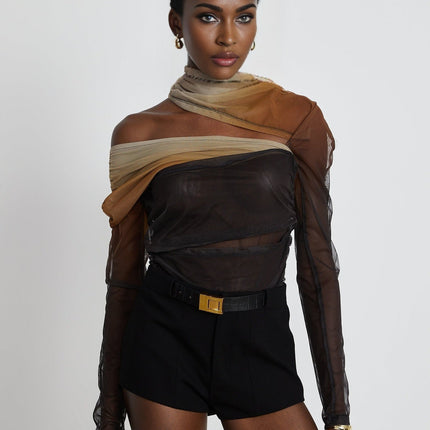 Elizabeth Brown and Black Mesh Bodysuit with Gradient Effect