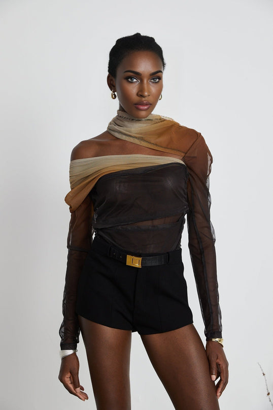 Elizabeth Brown and Black Mesh Bodysuit with Gradient Effect