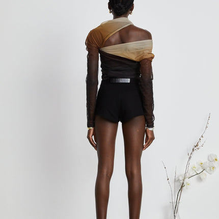 Elizabeth Brown and Black Mesh Bodysuit