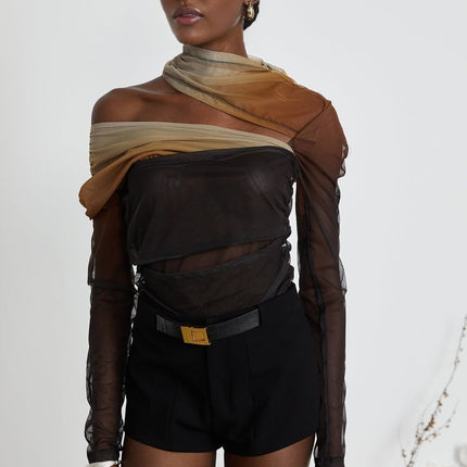 Elizabeth Brown Black Mesh Bodysuit
