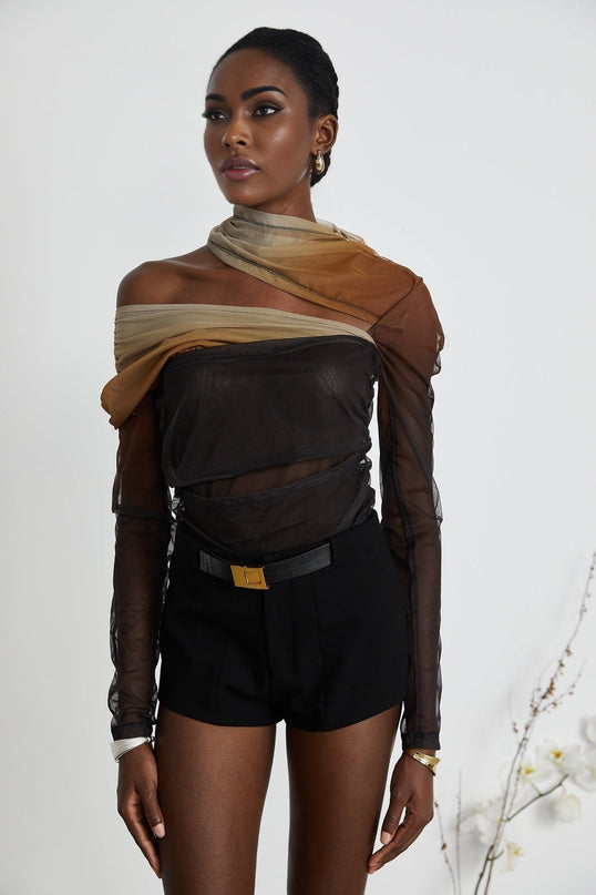 Elizabeth Brown Black Mesh Bodysuit