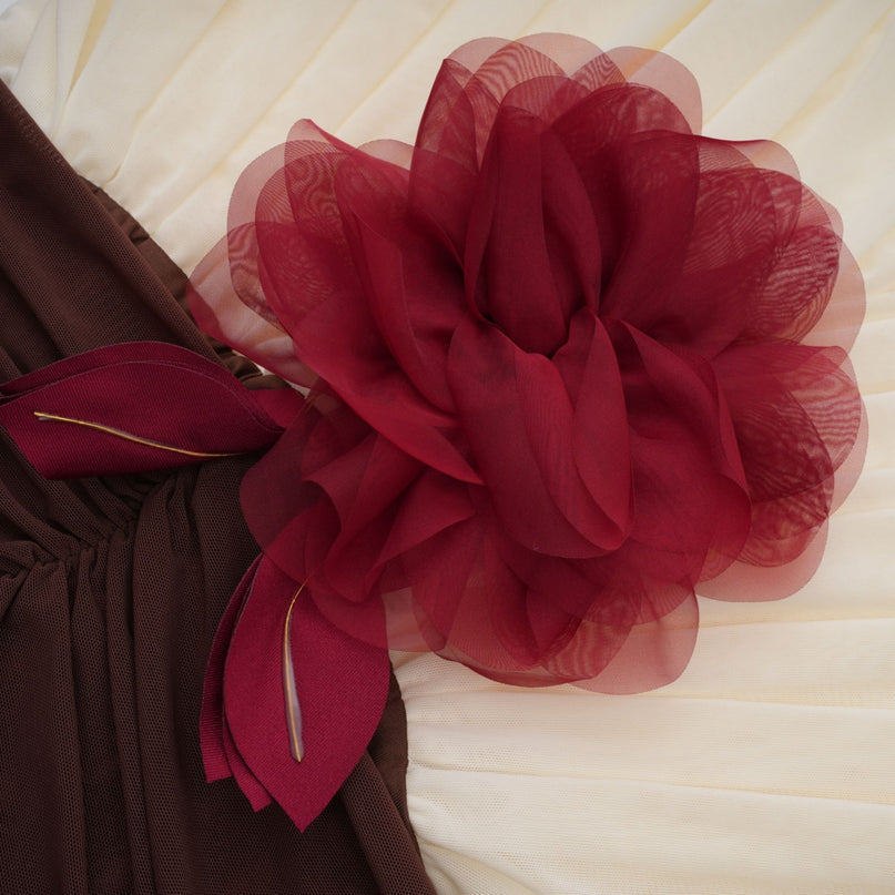 Elizabeth White Red Brown Midi Dress Flower Brooch Ruched Detailing V-Neck Long Sleeves Color Blocked Design Terylene Fiber Rear Zip Fastening