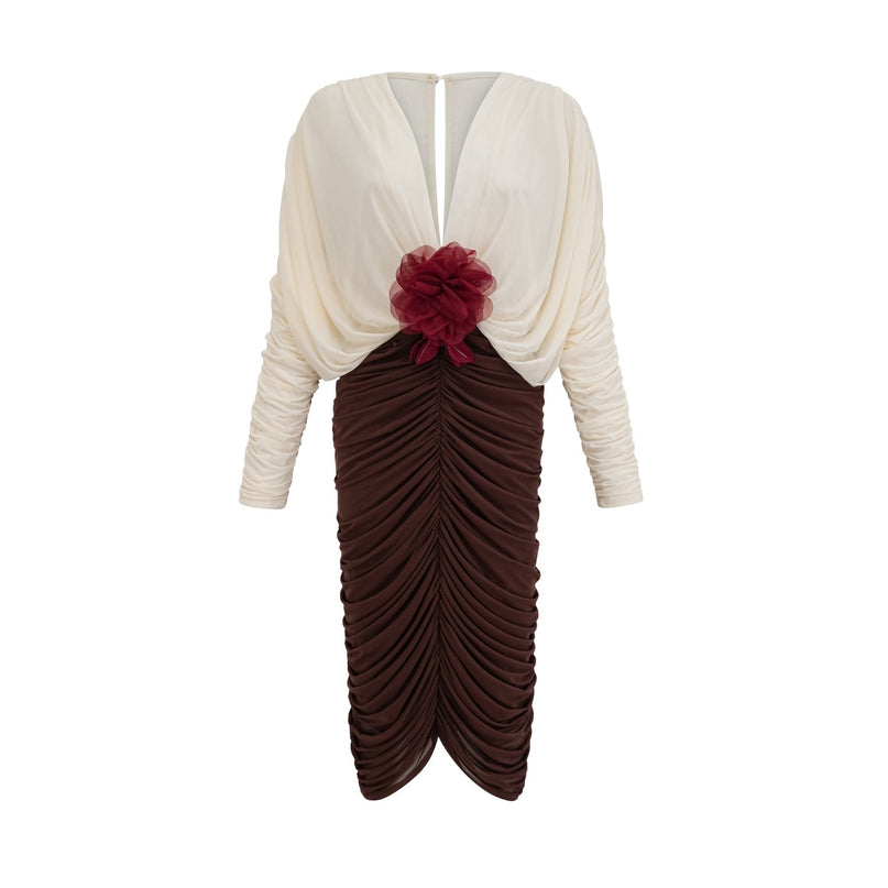 Elizabeth White Flower Brooch Ruched V-Neck Midi Dress in White Red Brown Color Block Design