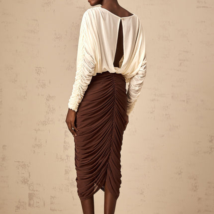 Elizabeth White Midi Dress with Flower Brooch and Ruched Detailing