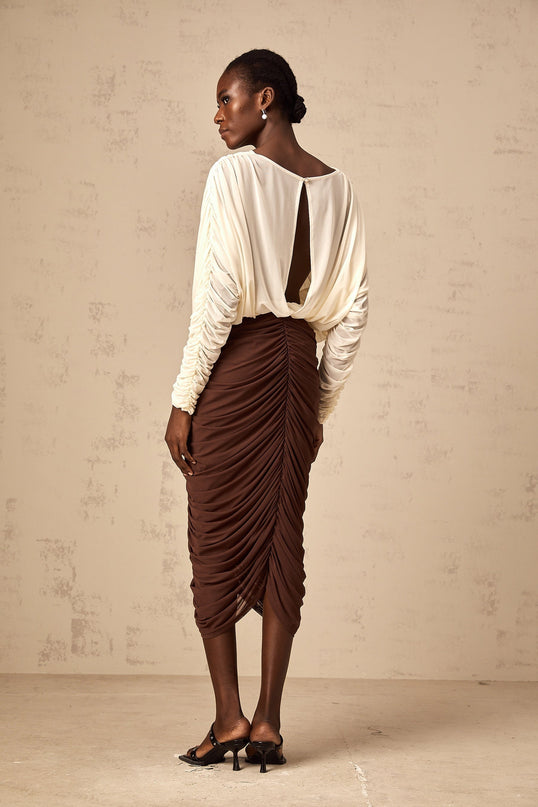 Elizabeth White Midi Dress with Flower Brooch and Ruched Detailing