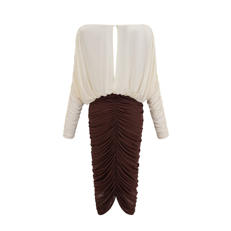 Elizabeth White Red Brown Flower Brooch Ruched Midi Dress