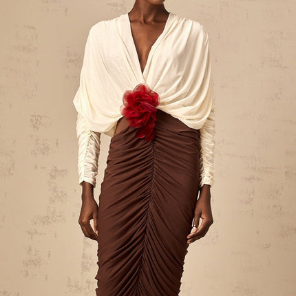 Elizabeth White Red Brown Midi Dress with Flower Brooch and Ruched Detailing