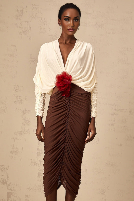 Elizabeth White Red Brown Midi Dress with Flower Brooch and Ruched Detailing