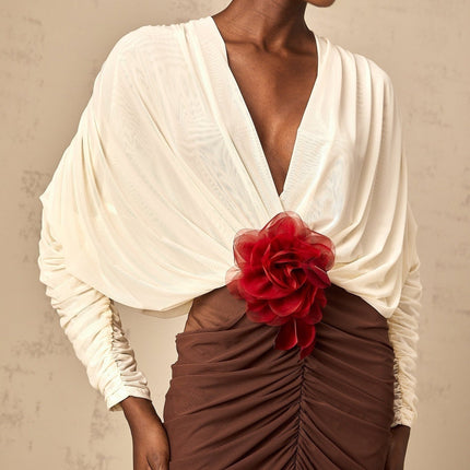 Elizabeth White Red Brown Midi Dress with Flower Brooch and Ruched Detailing