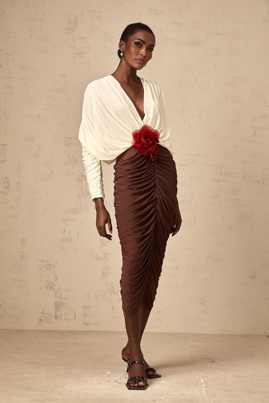 Elizabeth White Red Brown Midi Dress with Flower Brooch and Ruched Detailing