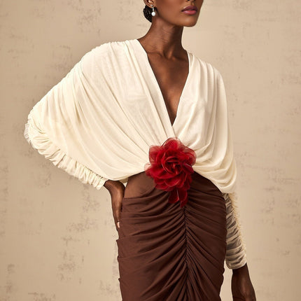 Elizabeth White Red Brown Midi Dress with Flower Brooch and Ruched Detailing