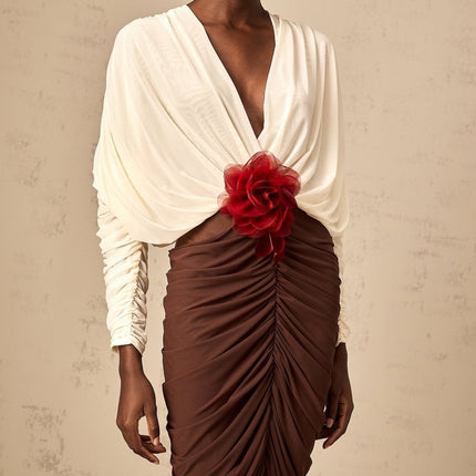 Elizabeth White Red Brown Midi Dress with Flower Brooch and Ruched Detailing