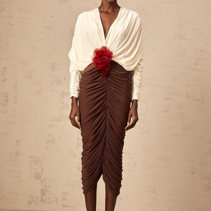 Elizabeth White Red Brown Flower Brooch Ruched Midi Dress