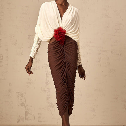 Elizabeth White Red Brown Flower Brooch Ruched Midi Dress